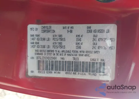 1999 Dodge Dakota Slt/Sport z USA, uszkodzony, nr VIN 1B7GL22X2XS129464